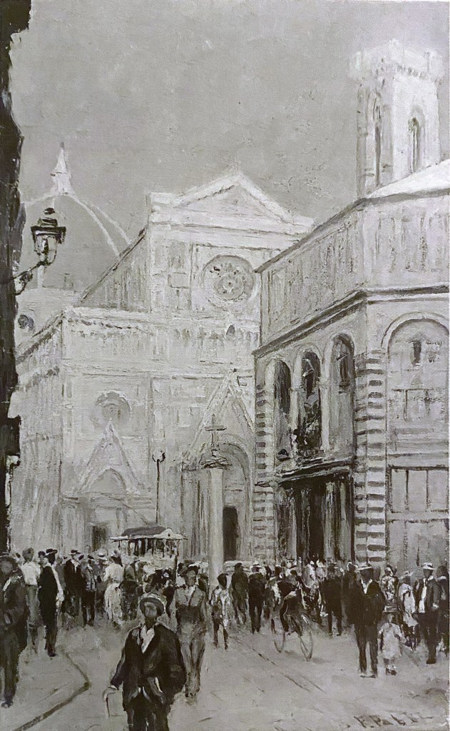 Veduta della Piazza del Duomo di Firenze e del Battistero da via de' Cerretani, realizzato dall'artista Fabio Fabbi